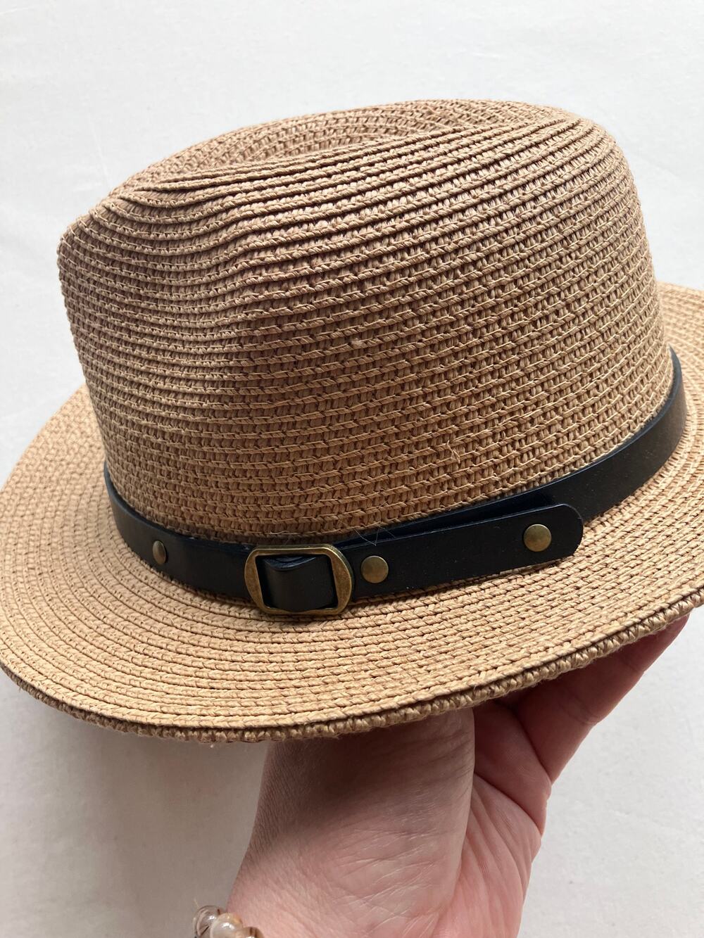 Tan Straw Fedora Hat Black Leather Studded Band Adjustable S
